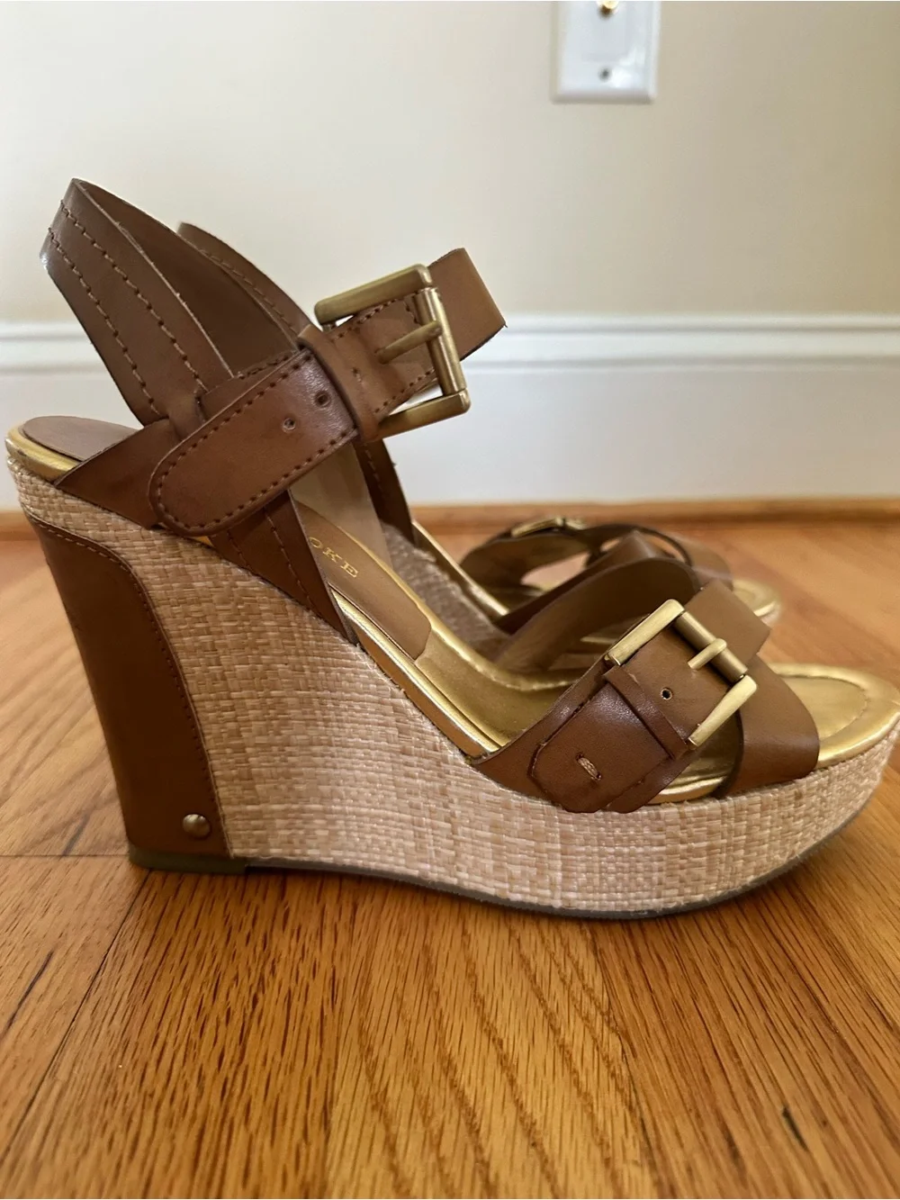 Audrey Brooke Tan Leather Crisscross Wedge Sandals
